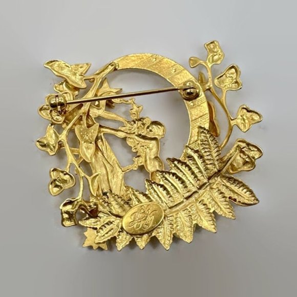 Fairy Brooch, Kirks Folly, Cherub, Crescent Moon, Gold Plated, Flowers, Signed - Picture 3 of 3